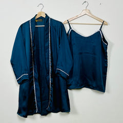 Blue Silk 3 Piece Gown Set