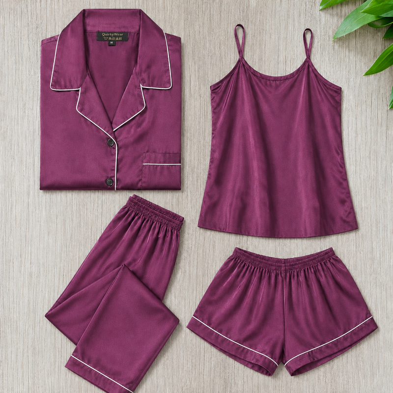 Bostan 4-piece shamoz silk pajama set in plum