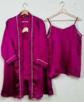 Purplish Pink Silk 3 Piece Gown Set