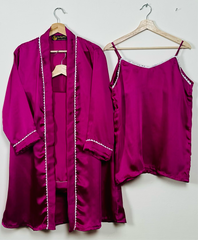 Purplish Pink Silk 3 Piece Gown Set