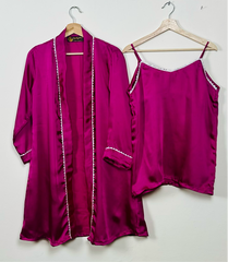 Purplish Pink Silk 3 Piece Gown Set