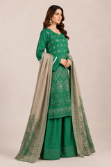 3-Piece Doria Embroidered Lawn Suit – Chikankari Daman, Farshi Shalwar - Green