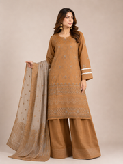 3-Piece Doria Embroidered Lawn Suit – Chikankari Daman, Farshi Shalwar - Golden Brown