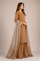 3-Piece Doria Embroidered Lawn Suit – Chikankari Daman, Farshi Shalwar - Golden Brown