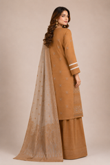 3-Piece Doria Embroidered Lawn Suit – Chikankari Daman, Farshi Shalwar - Golden Brown