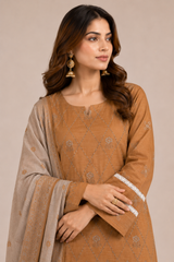 3-Piece Doria Embroidered Lawn Suit – Chikankari Daman, Farshi Shalwar - Golden Brown