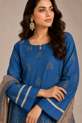 3-Piece Doria Embroidered Lawn Suit – Chikankari Daman, Farshi Shalwar - Blue