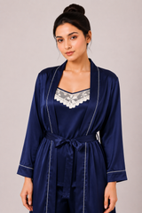 Navy Blue Shamoz Silk 3 Piece Gown Set