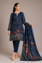 3-Piece Doria Lawn Suit with Full Embroidered Shirt with Printed Daman and Printed Dupatta - Blue