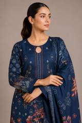 3-Piece Doria Lawn Suit with Full Embroidered Shirt with Printed Daman and Printed Dupatta - Blue