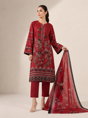 3-Piece Doria Lawn Suit with Full Embroidered Shirt with Printed Daman and Printed Dupatta - Maroon