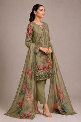 3-Piece Doria Lawn Suit with Full Embroidered Shirt with Printed Daman and Printed Dupatta - Olive Green