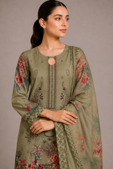 3-Piece Doria Lawn Suit with Full Embroidered Shirt with Printed Daman and Printed Dupatta - Olive Green