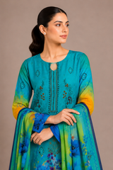 3-Piece Doria Lawn Suit with Full Embroidered Shirt with Printed Daman and Printed Dupatta - Sky Blue