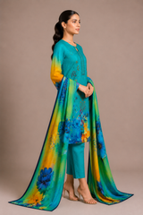 3-Piece Doria Lawn Suit with Full Embroidered Shirt with Printed Daman and Printed Dupatta - Sky Blue