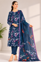 Blue Floral Printed 3-Piece Lawn Suit | Digital Print Kurta, Trouser & Dupatta