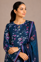 Blue Floral Printed 3-Piece Lawn Suit | Digital Print Kurta, Trouser & Dupatta