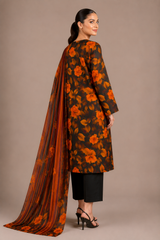 Black Floral Printed 3-Piece Lawn Suit | Digital Print Kurta, Trouser & Dupatta