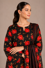Black Floral Printed 3-Piece Lawn Suit | Digital Print Kurta, Trouser & Dupatta
