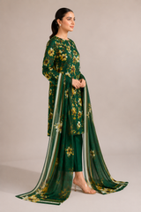 Green Floral Printed 3-Piece Lawn Suit | Digital Print Kurta, Trouser & Dupatta