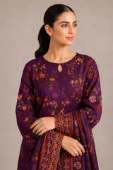 Purple Floral Printed 3-Piece Lawn Suit | Digital Print Kurta, Trouser & Dupatta