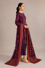 Purple Floral Printed 3-Piece Lawn Suit | Digital Print Kurta, Trouser & Dupatta