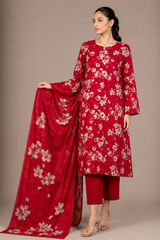Red Floral Printed 3-Piece Lawn Suit | Digital Print Kurta, Trouser & Dupatta