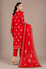 Red Floral Printed 3-Piece Lawn Suit | Digital Print Kurta, Trouser & Dupatta