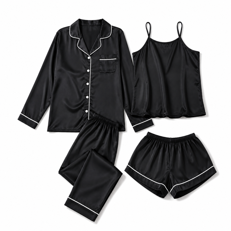 Bostan 4-piece shamoz silk pajama set in black