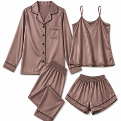 Bostan 4-piece shamoz silk pajama set in chiku