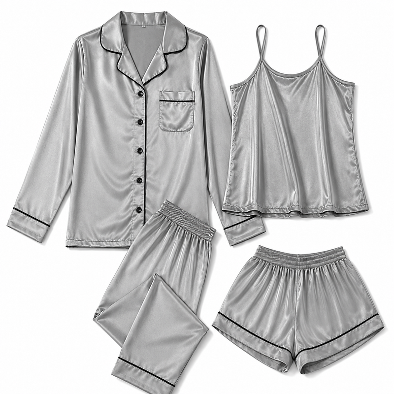 Bostan 4-piece shamoz silk pajama set in grey