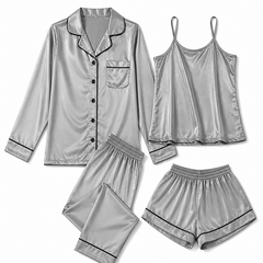 Bostan 4-piece shamoz silk pajama set in grey