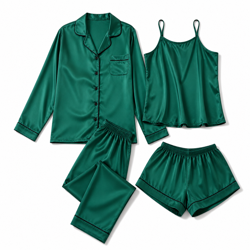 Bostan 4-piece shamoz silk pajama set in green