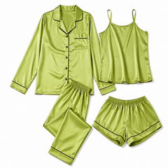 Bostan 4-piece shamoz silk pajama set in Lane Green