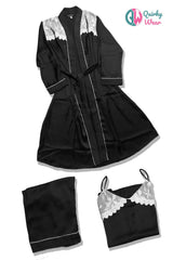 Black Silk 3 Piece Gown Set