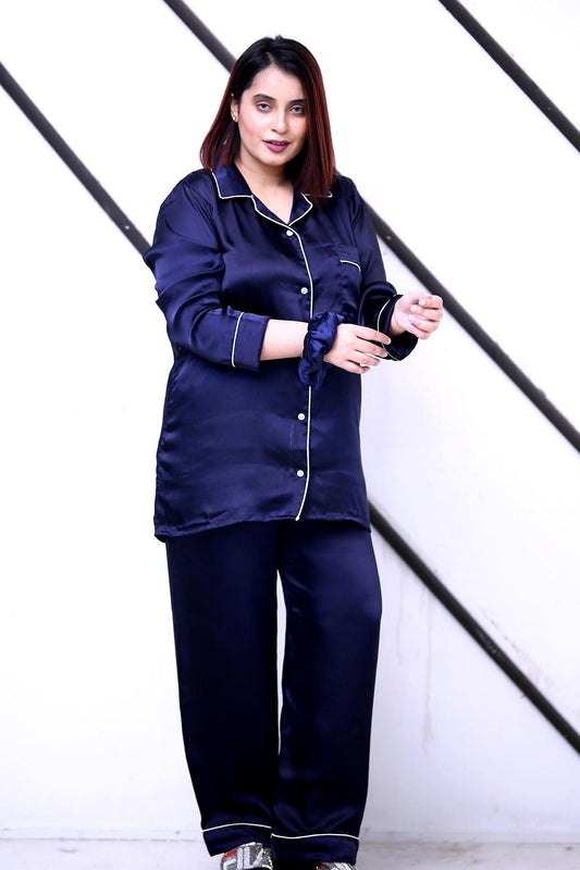 Navy Blue Silk Pajama Set