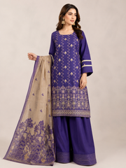 3-Piece Doria Embroidered Lawn Suit – Chikankari Daman, Farshi Shalwar - Plum