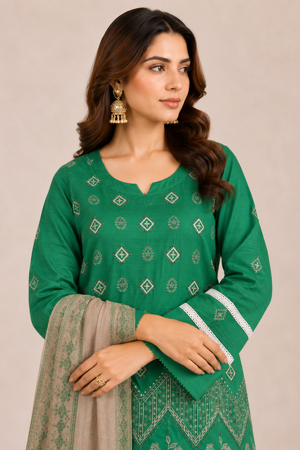 3-Piece Doria Embroidered Lawn Suit – Chikankari Daman, Farshi Shalwar - Green