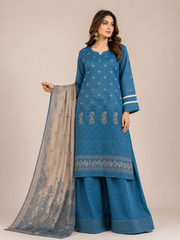 3-Piece Doria Embroidered Lawn Suit – Chikankari Daman, Farshi Shalwar - Blue