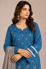 3-Piece Doria Embroidered Lawn Suit – Chikankari Daman, Farshi Shalwar - Blue