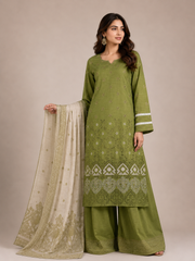 3-Piece Doria Embroidered Lawn Suit – Chikankari Daman, Farshi Shalwar - Olive Green