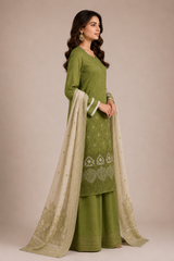 3-Piece Doria Embroidered Lawn Suit – Chikankari Daman, Farshi Shalwar - Olive Green