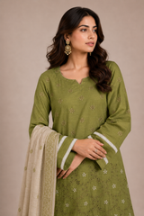 3-Piece Doria Embroidered Lawn Suit – Chikankari Daman, Farshi Shalwar - Olive Green
