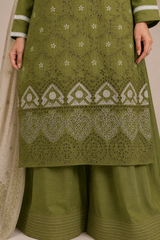 3-Piece Doria Embroidered Lawn Suit – Chikankari Daman, Farshi Shalwar - Olive Green