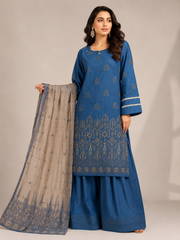 3-Piece Doria Embroidered Lawn Suit – Chikankari Daman, Farshi Shalwar - Blue