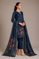 3-Piece Doria Lawn Suit with Full Embroidered Shirt with Printed Daman and Printed Dupatta - Blue