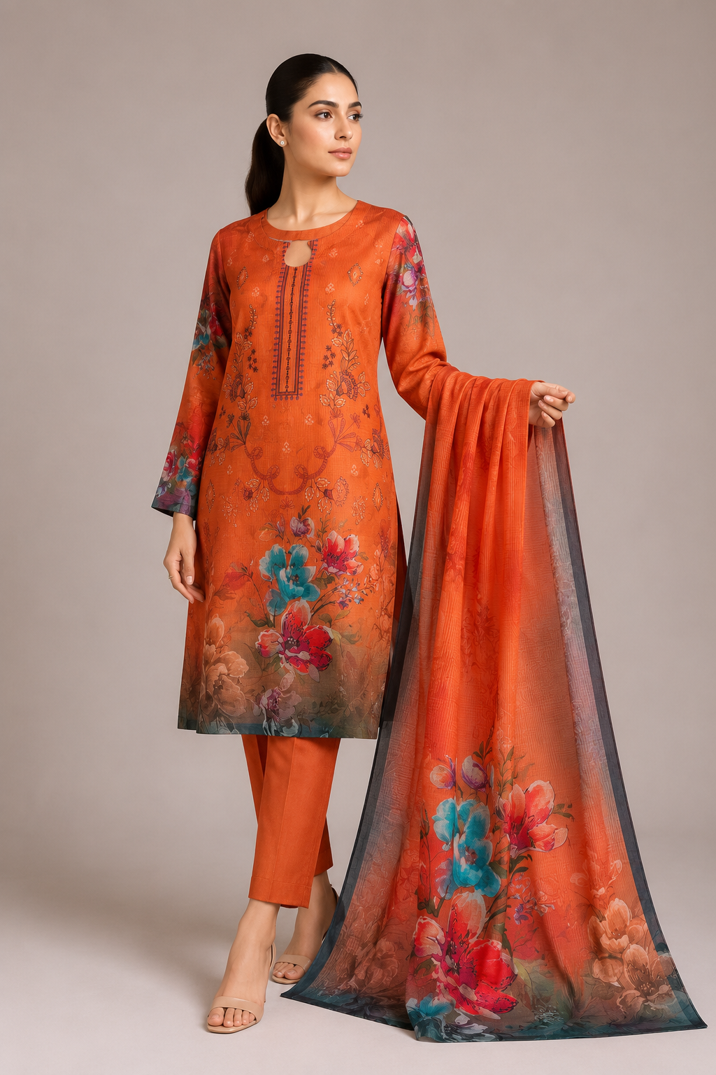 3-Piece Doria Lawn Suit with Full Embroidered Shirt with Printed Daman and Printed Dupatta - Yellow