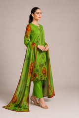 3-Piece Doria Lawn Suit with Full Embroidered Shirt with Printed Daman and Printed Dupatta - Green