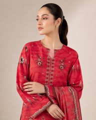 3-Piece Doria Lawn Suit with Full Embroidered Shirt with Printed Daman and Printed Dupatta - Pink