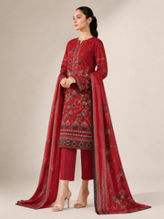 3-Piece Doria Lawn Suit with Full Embroidered Shirt with Printed Daman and Printed Dupatta - Maroon